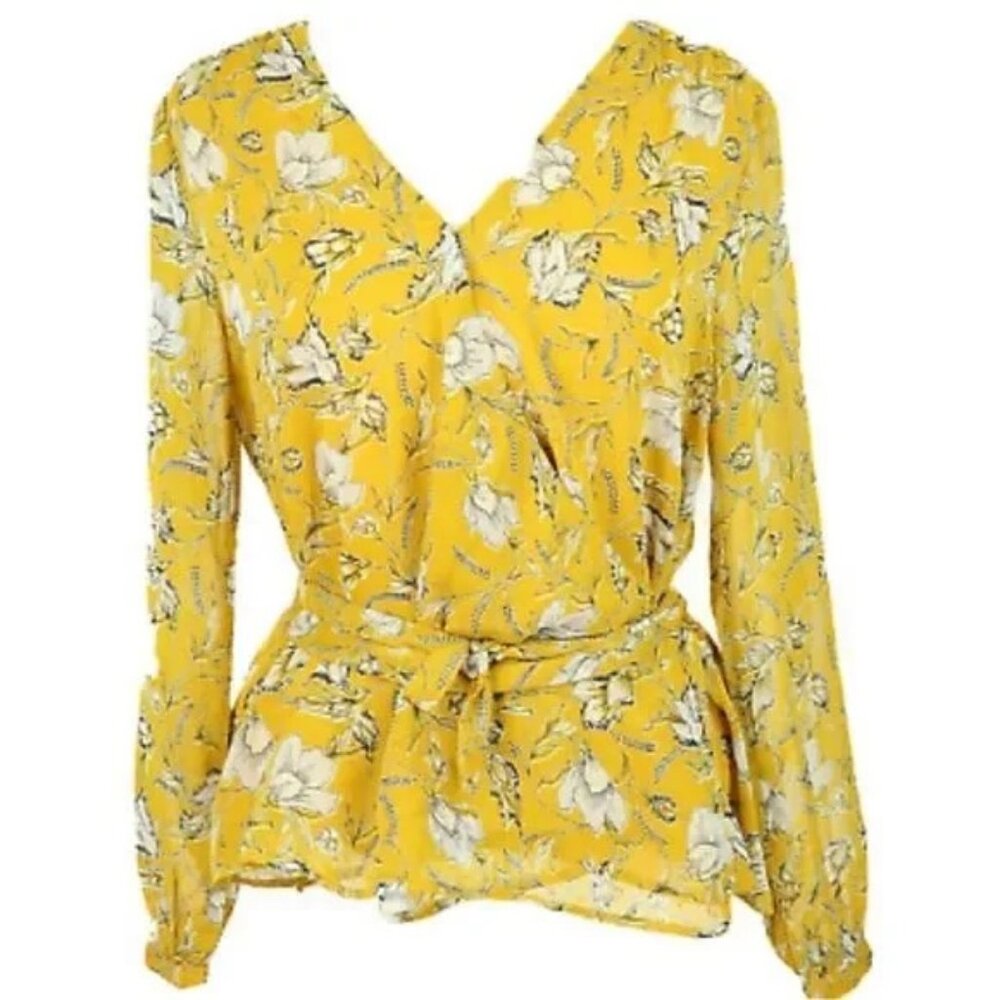 Banana Republic Womens Yellow Floral Chiffon Long Sleeve Wrap Around  Top size M